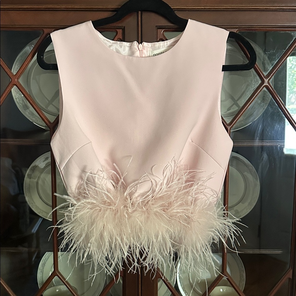 Pants Store Pink Feather Trim Sleeveless Top